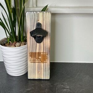 American Flag & Texas Star Wall Mount Bottle Opener w/ Magnet 10 X 3" Wood